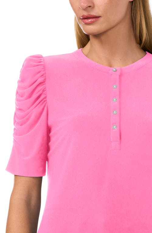 Shop Cece Ruched Sleeve Crepe Knit Henley In Freeisa Pink