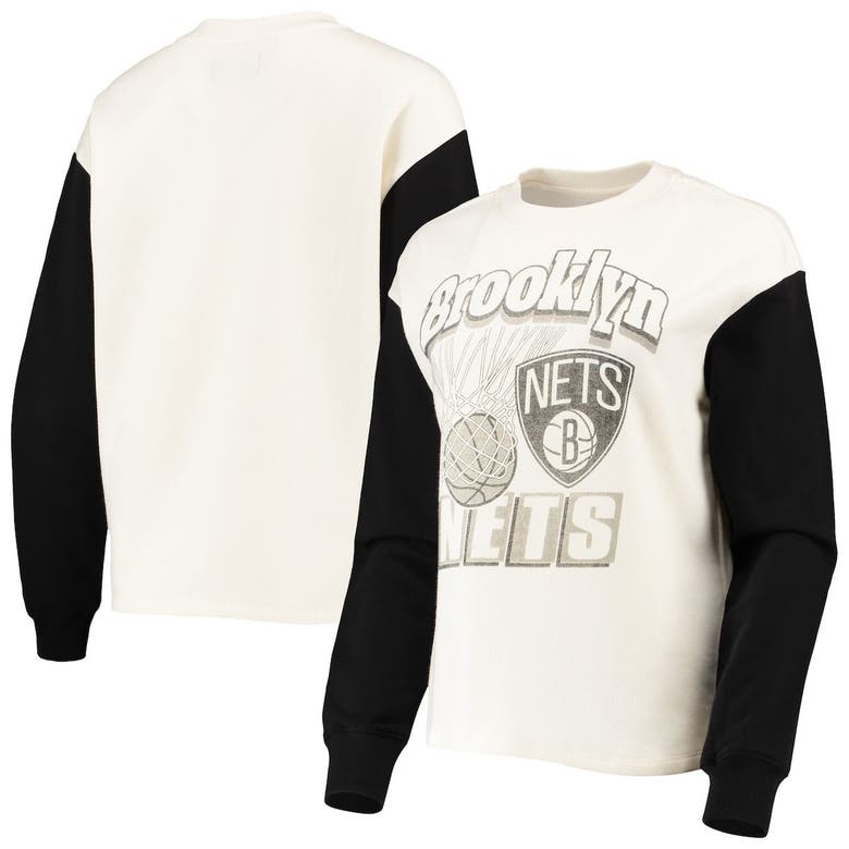 Junk Food Women's White And Black Brooklyn Nets Contrast Sleeve Pullover Sweatshirt