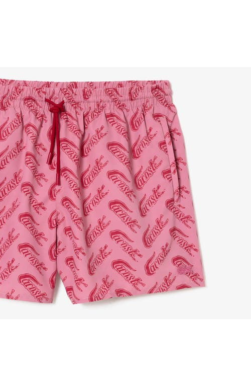 Shop Lacoste Logo Print Cotton Swim Trunks In Ay1 Lighthouse Red/reseda