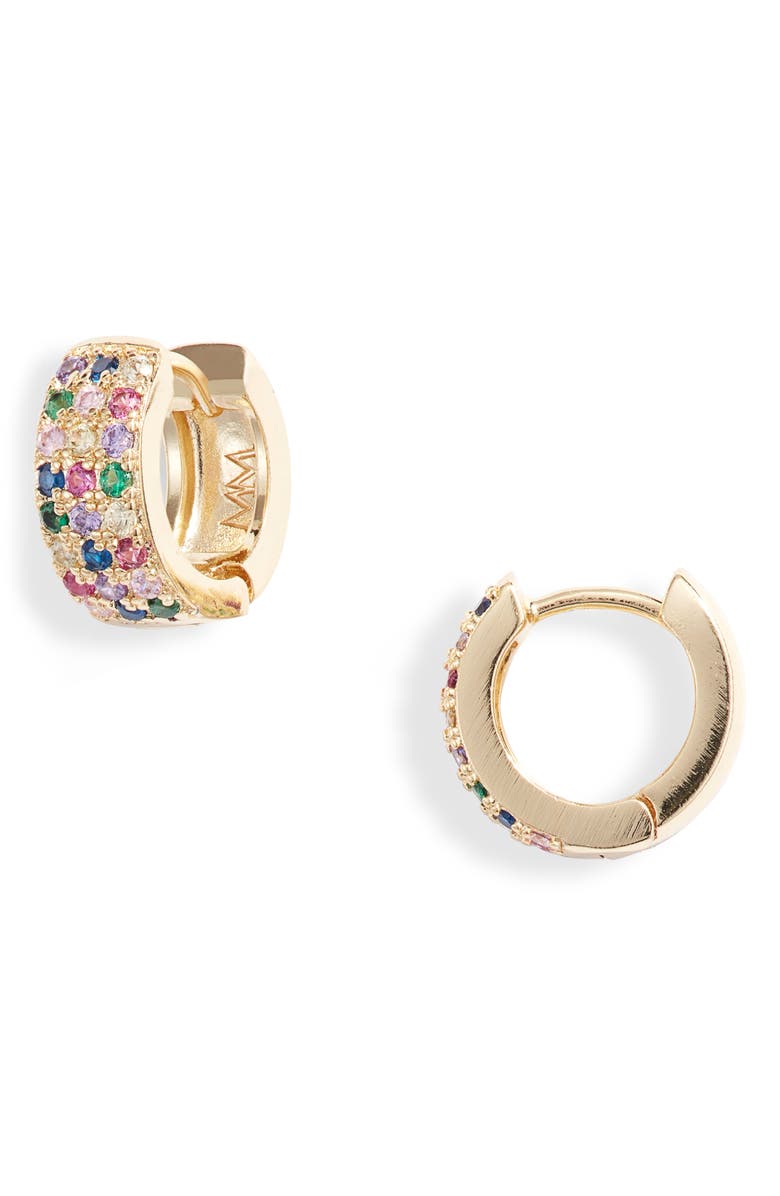 Sadie Cubic Zirconia Huggie Hoop Earrings, Main, color, GOLD/ RAINBOW CZ