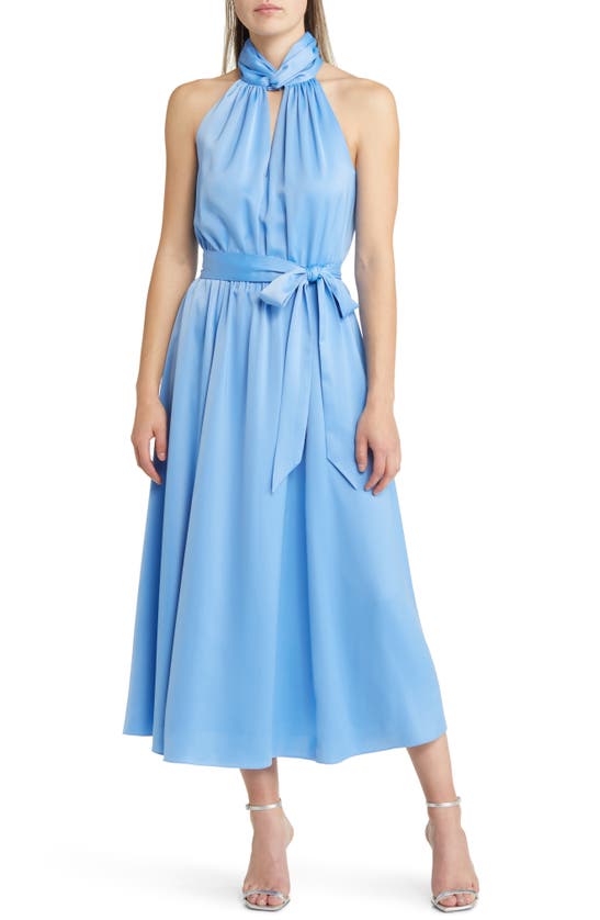 Anne Klein Twist Neck Halter Satin Dress In Shore Blue ModeSens