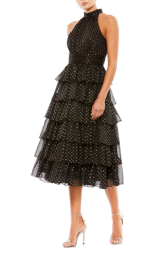 Mac Duggal High-neck Tiered Dotted Midi-dress In Black/gold