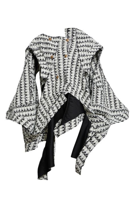 Asymmetric Double Breasted Tweed Cape Jacket