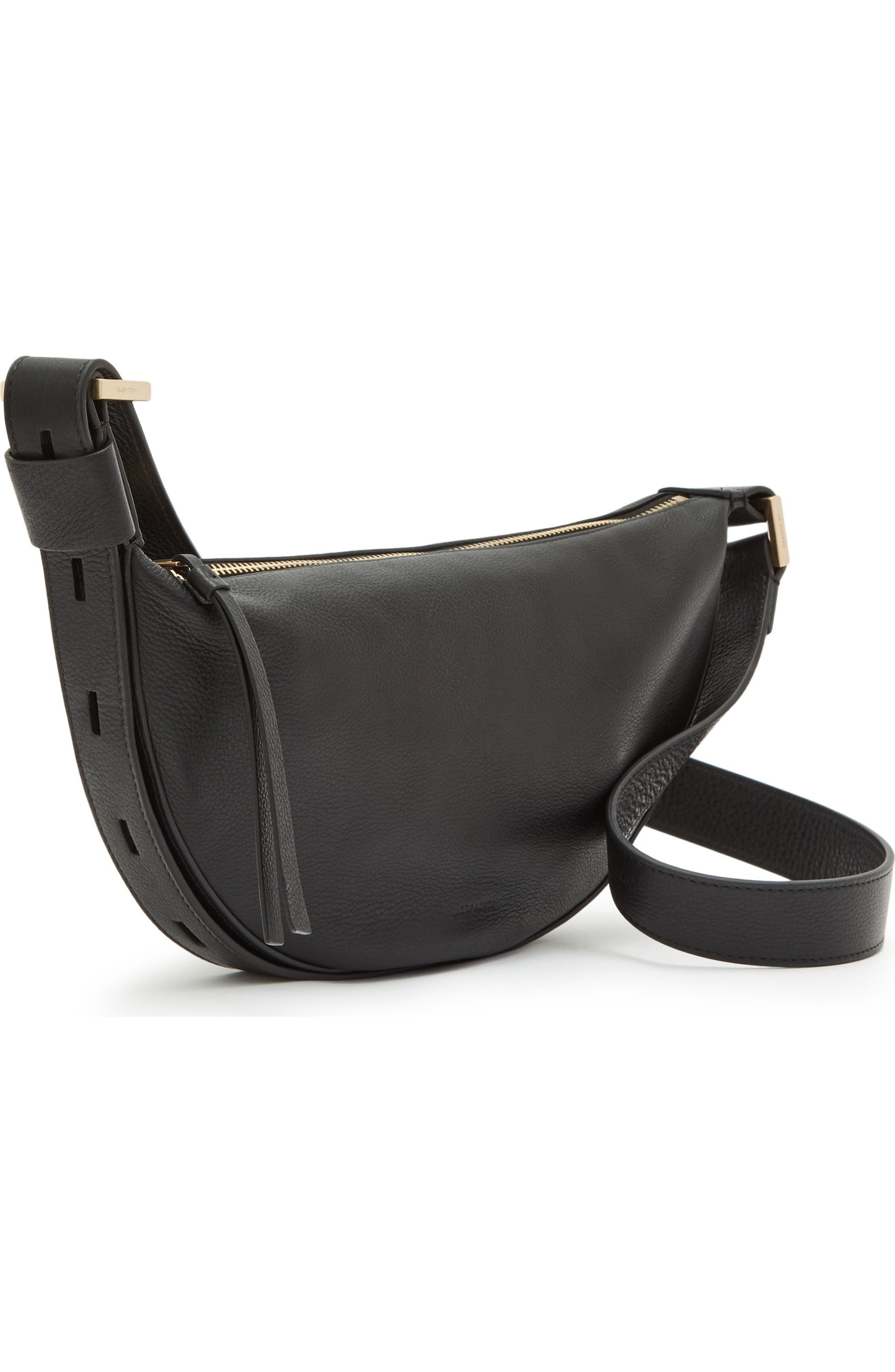 AllSaints Half Moon Leather Crossbody Bag, Main, color, Black - how to stay safe and have fun on the Pride parade route