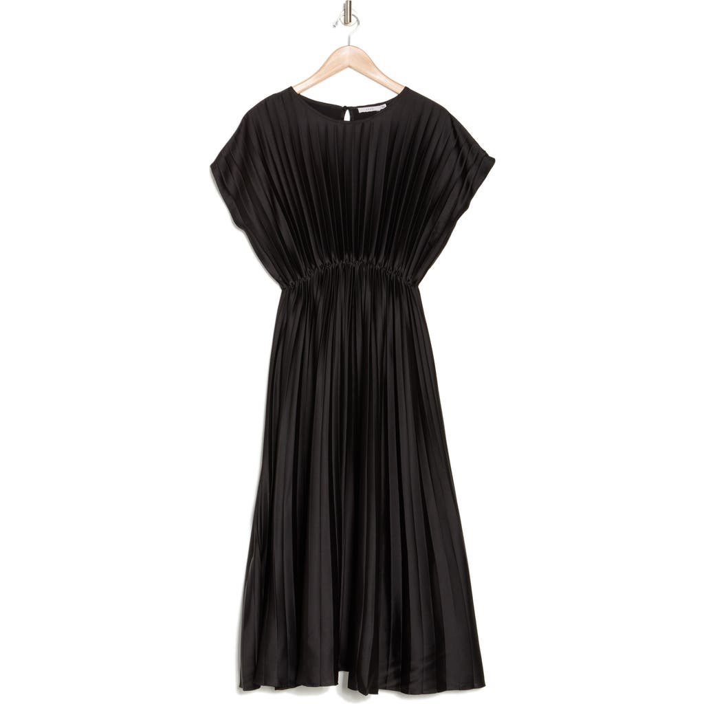 Lush Cap Sleeve Pleated Satin Midi Dress In Black