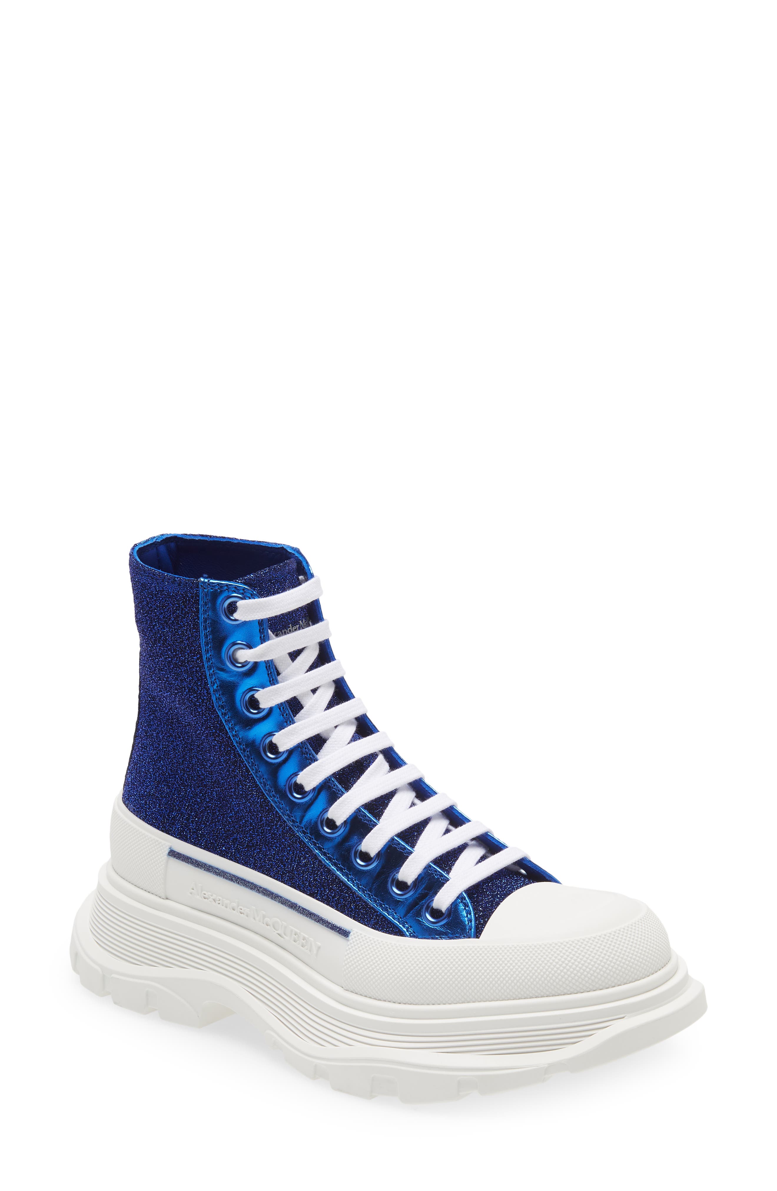 Alexander McQueen Tread Slick Glitter High Top Sneaker in Navy/Blue/White at Nordstrom, Size 8.5Us