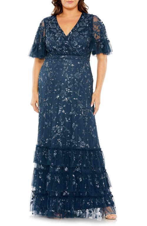 Sequin Floral Flutter Sleeve Gown in Twilight