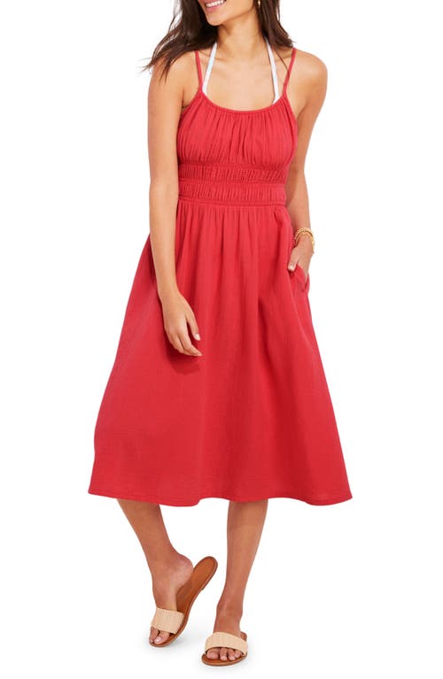 vineyard vines Seastitch Smocked Waist Midi Cover-Up Dress in Coral Red