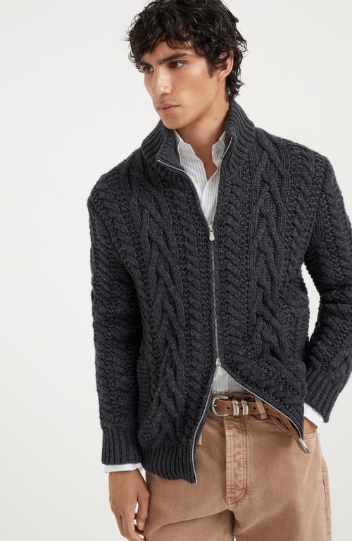 Shop Brunello Cucinelli Cashmere Irish Cable Turtleneck Cardigan In Anthracite