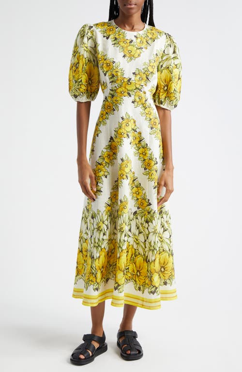 Shop Alemais Gisela Floral Puff Sleeve Midi Dress In Yellow