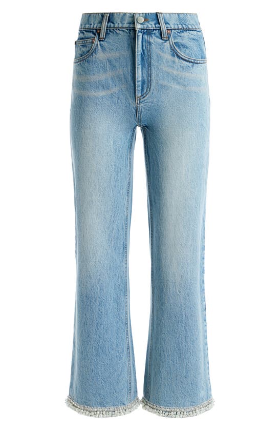 Shop Alice And Olivia Ora Imitation Pearl & Crystal Detail Wide Leg Ankle Jeans In Rockstar Blue