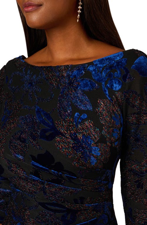 Shop Adrianna Papell Floral Metallic Drape Back Three-quarter Sleeve Midi Burnout Velvet Sheath Dress In Black/blue