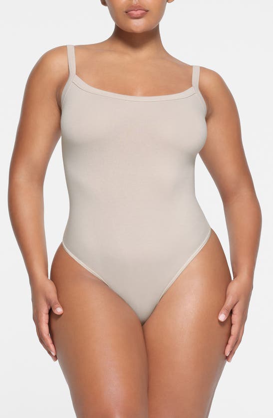 Shop Skims Stretch Cotton Jersey Bodysuit In Stone