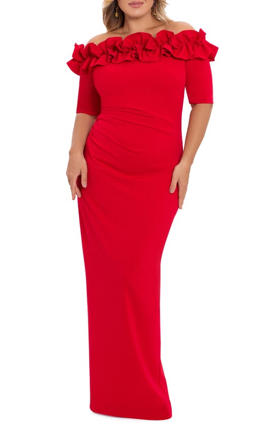 XSCAPE RUFFLE OFF THE SHOULDER SHEATH DRESS