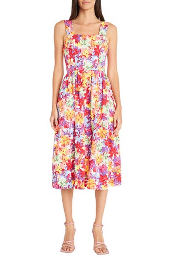 Shop Maggy London Floral Cotton Poplin Midi Dress In Soft White/hot Coral