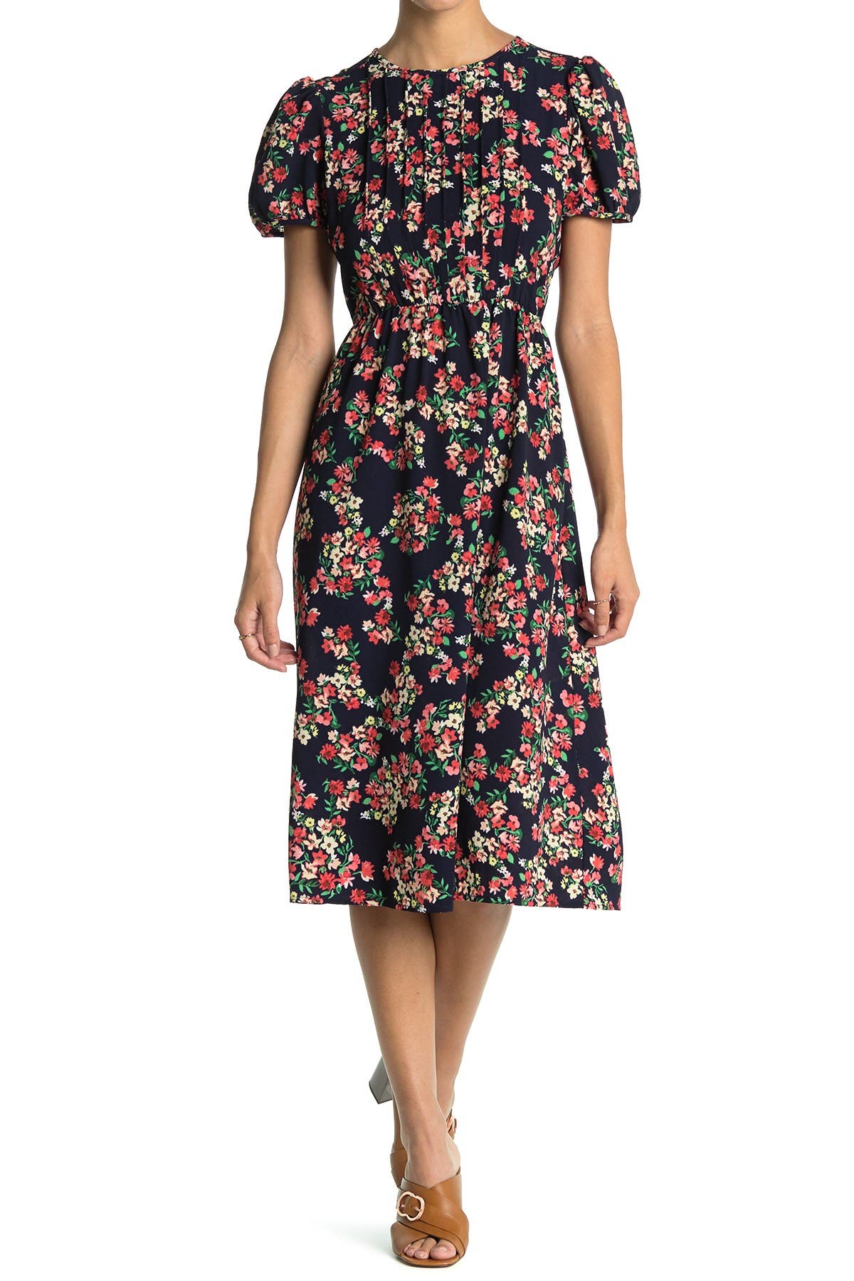 London Times | Floral Pintuck Puff Sleeve Midi Dress | Nordstrom Rack