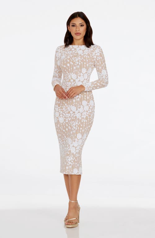 Shop Dress The Population Emery Sequin Long Sleeve Body-con Midi Dress In White/beige