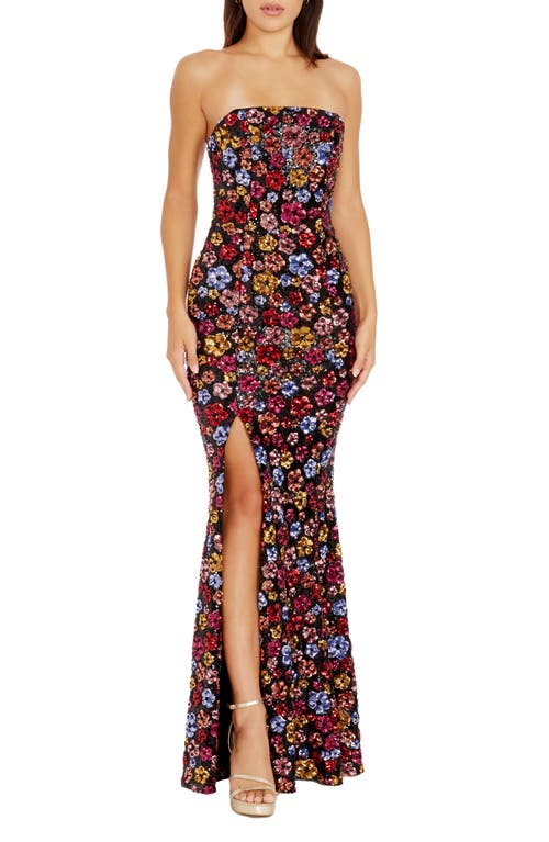 Janelle Floral Sequin Gown in Black Multi