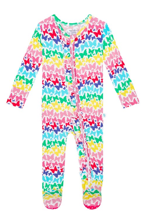 Posh Peanut Rainbow Butterfly Print Ruffle Fitted Footie Pajamas In Open White