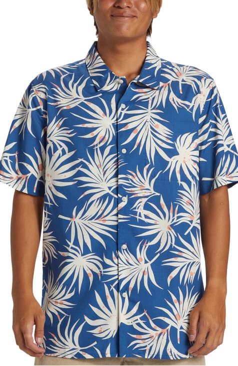 Beach Club Leaf Print Short Sleeve Organic Cotton Blend Button-Up Shirt
