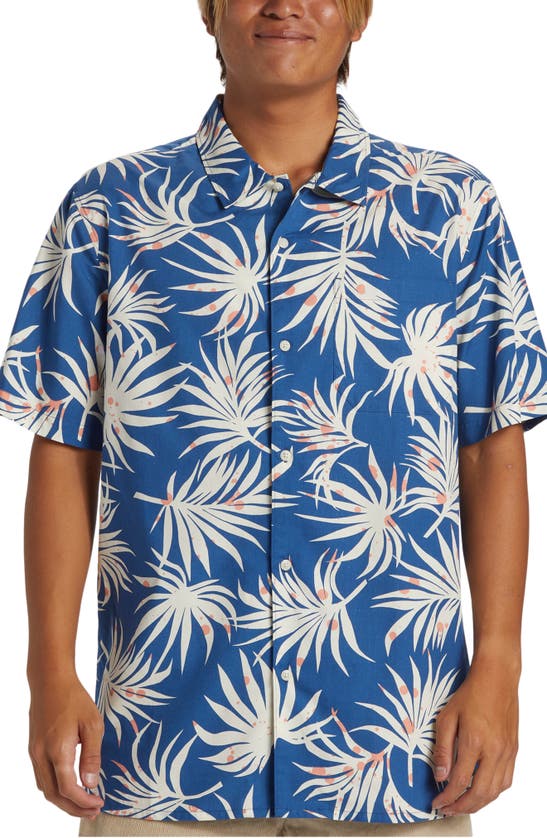Quiksilver Beach Club Leaf Print Short Sleeve Organic Cotton Blend Button-up Shirt In Monaco Blue