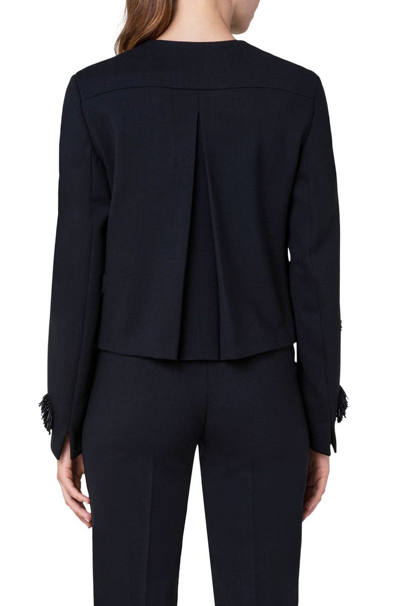 Wool Blend Crepe Crop Jacket with Beaded Tassel Dots