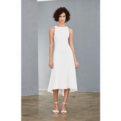 Amsale Mesh Back Crepe Tea Length Dress, Ivory