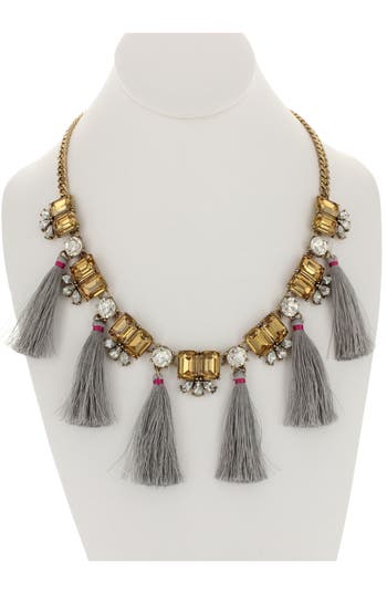 Shop Olivia Welles Tassel Bib Necklace In Gold/grey