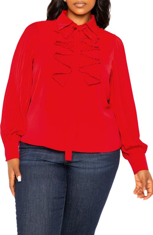 Tie Neck Pleated Sleeve Top in Red