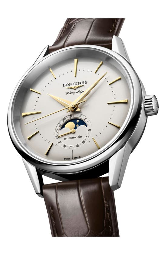 Shop Longines Flagship Heritage Automatic Croc Embossed Leather Strap Watch, 38.5mm In Silver