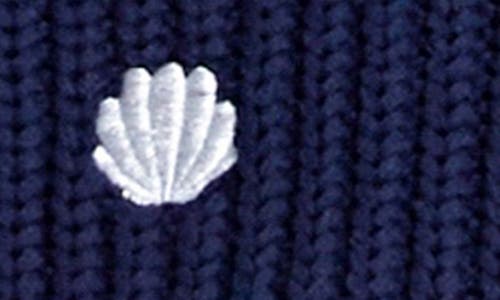 English Factory Shell Embroidered Puff Sleeve Sweater In Navy/white