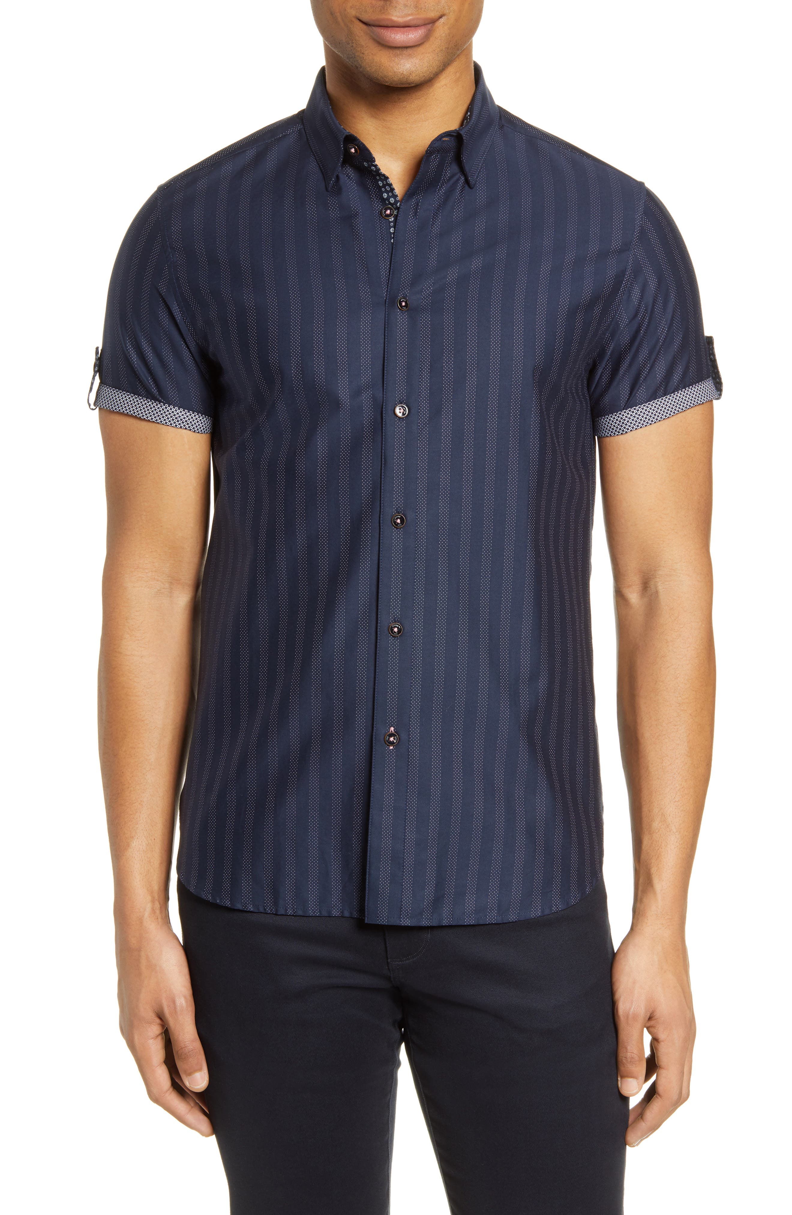 Ted Baker Handeez Slim Fit Stripe Short Sleeve Button-up Shirt In Navy