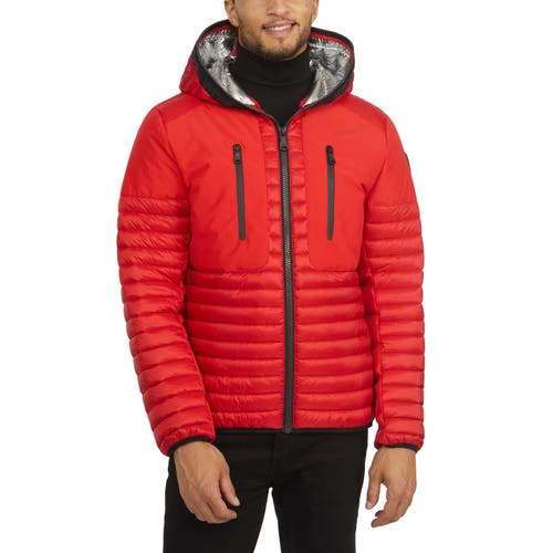 Pajar Finn Lightweight Mixed Media Puffer with Fixed Hood in Current Red 