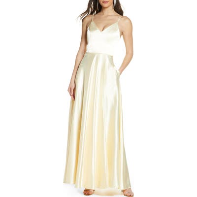 Sequin Hearts Dual Strap Satin Ballgown, Yellow