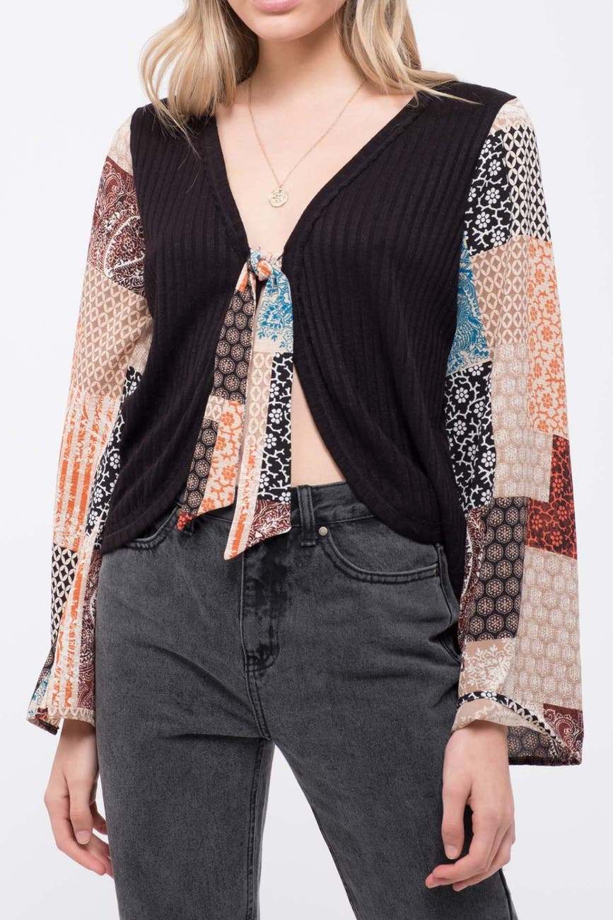 Blu Pepper Contrast Sleeve Tie Front Knit Top Nordstrom Rack