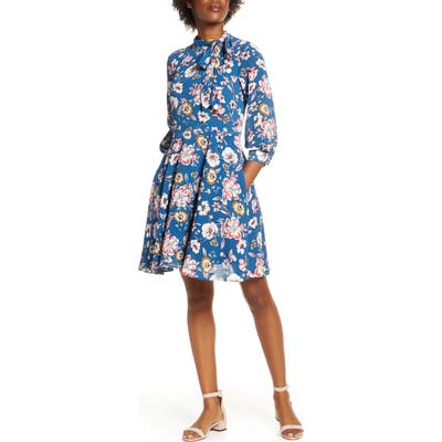 Eliza J Floral Tie Neck Fit & Flare Dress, Blue