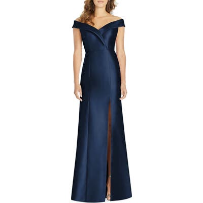Alfred Sung Portrait Collar Satin Gown, Blue
