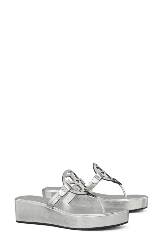 Shop Tory Burch Miller Platform Wedge Thong Sandal In Silver