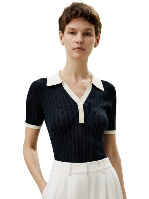 Shop Lilysilk V Neck Ribbed Silk Knit Top In Navy Blue