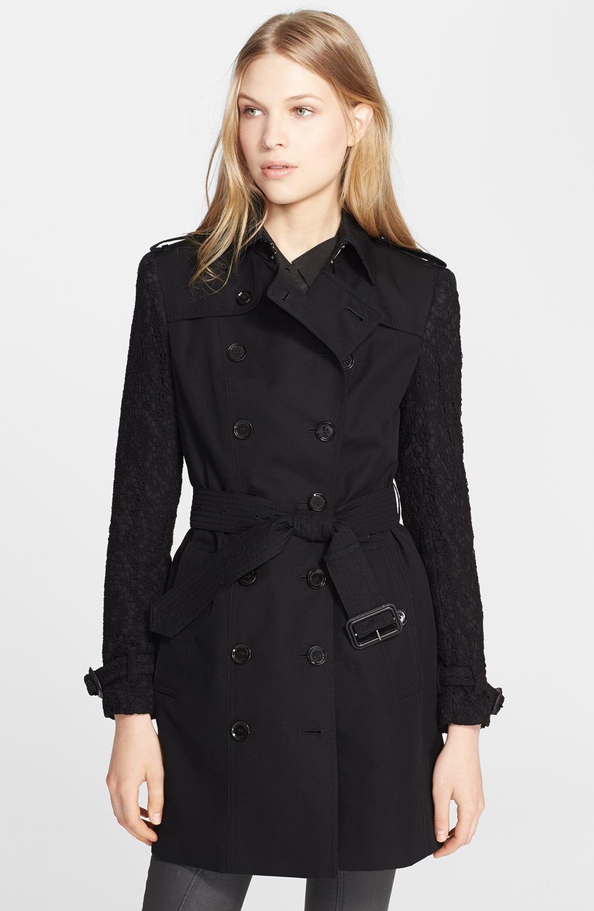 Burberry London Lace Sleeve Double Breasted Trench Coat | Nordstrom