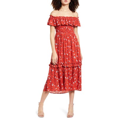 All In Favor Off The Shoulder Tiered Ruffle Midi Dress, Red