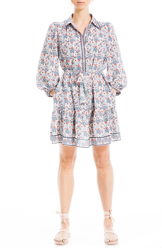 Max Studio Long Sleeve Button Front Crepe Dress In Ivory/ Rose/ Navy Folk Flower