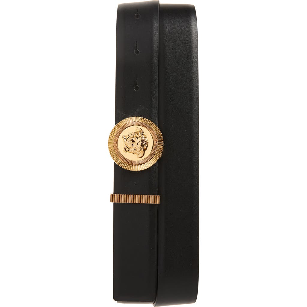 Versace Medusa Streamlined Leather Belt With Adjustable Length And Gold-tone Buckle In Black