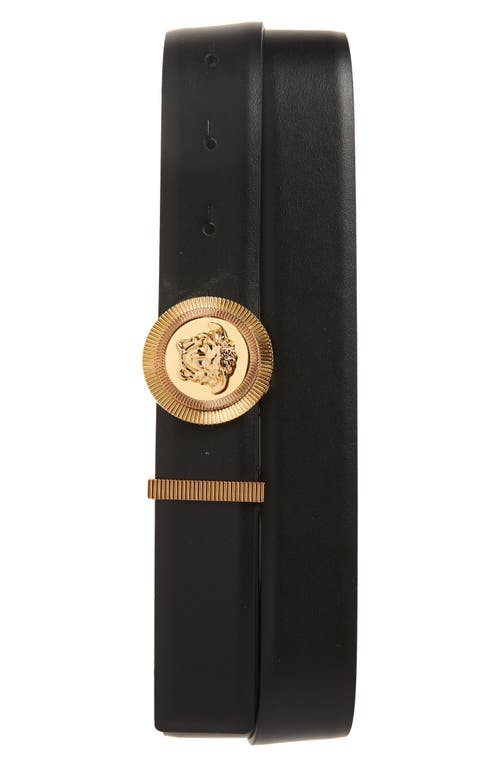 Shop Versace Biggie Medusa Leather Belt In Black/ Gold