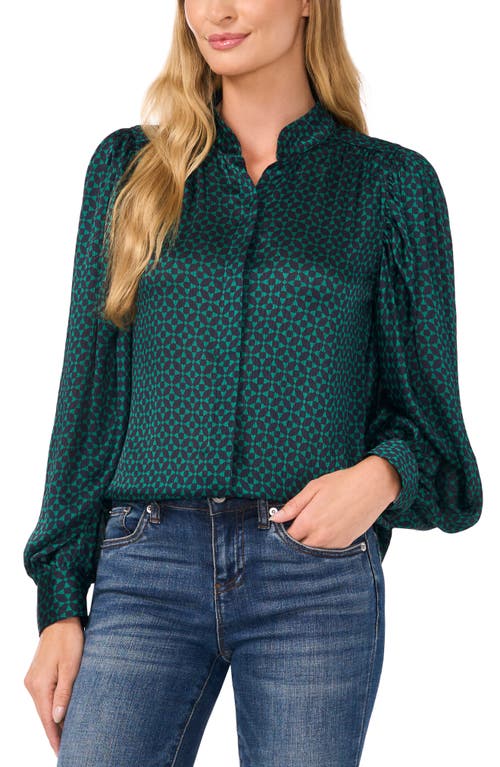 Cece Geo Print Open Collar Button-up Shirt In Meadow Green