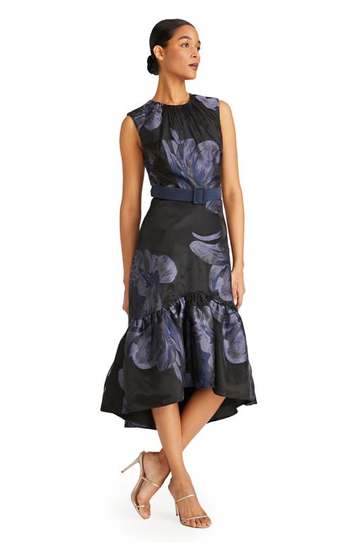 Shop Kay Unger Beatrix Belted Floral High-low Cocktail Dress In Black/dark Midnight