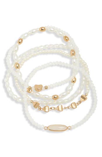 Shop Leith Set Of 5 Beaded Stretch Bracelets In White Multi- Gold