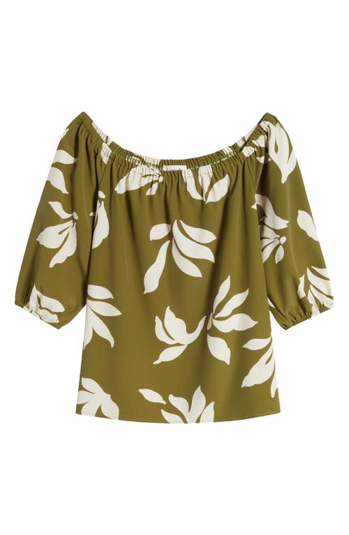 Shop Loveappella Floral Print Off The Shoulder Top In Olive Natural