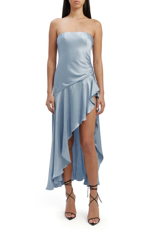 Lorenza Strapless Asymmetric Hem Satin Cocktail Dress in Dusty Blue