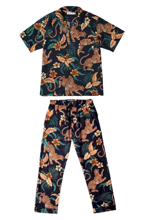 Desmond & Dempsey Cheetah Print Short Sleeve Cotton Pajamas In Black/yellow